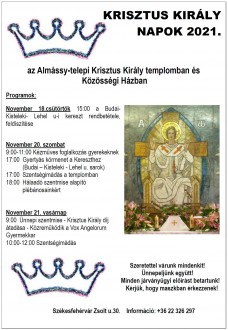 Csütörtökön kezdődnek a Krisztus Király Napok a Zsolt utcai templomban